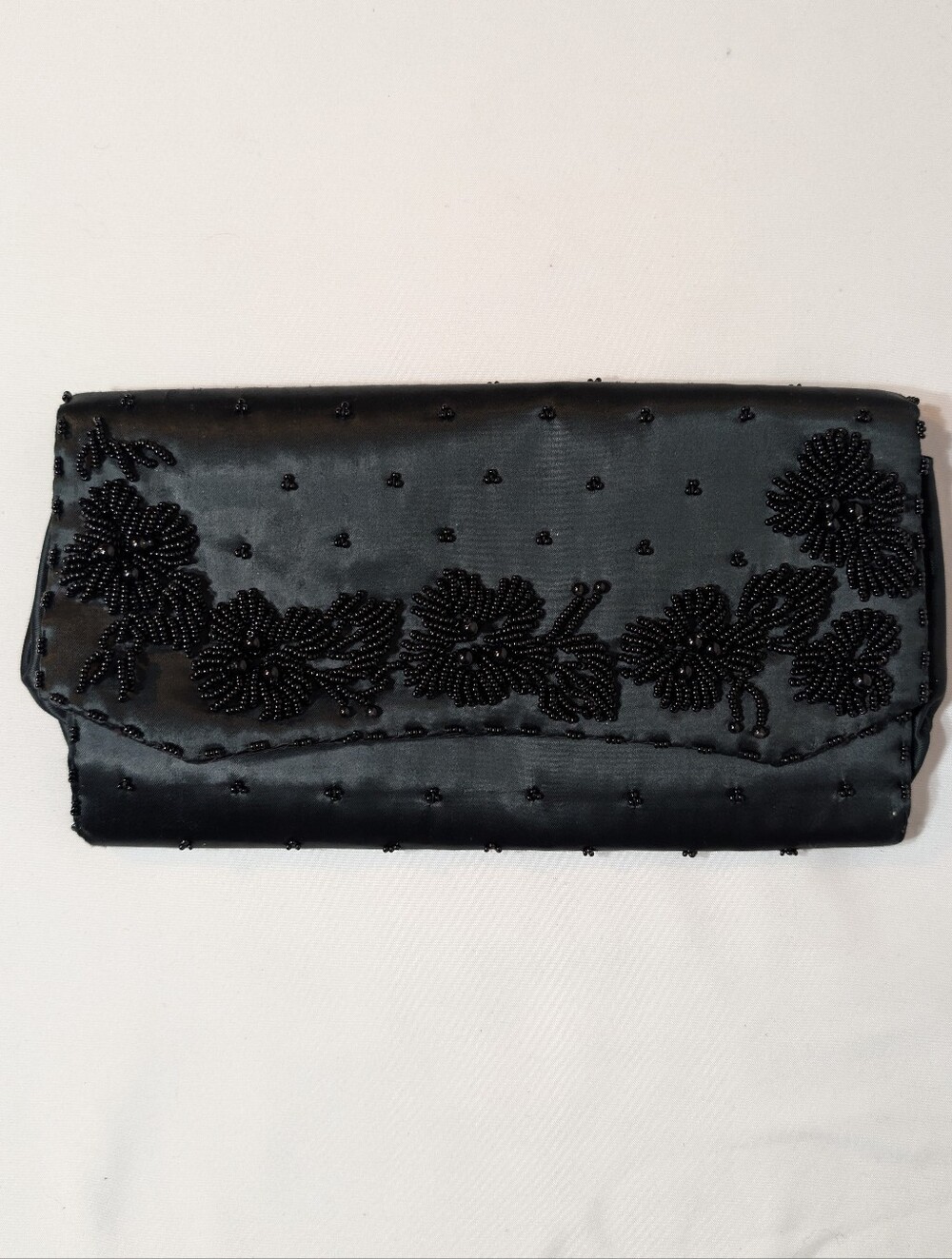 Vintage 1950s Beaded La Regale Clutch Purse Bag Formal Floral Silky Black Flower